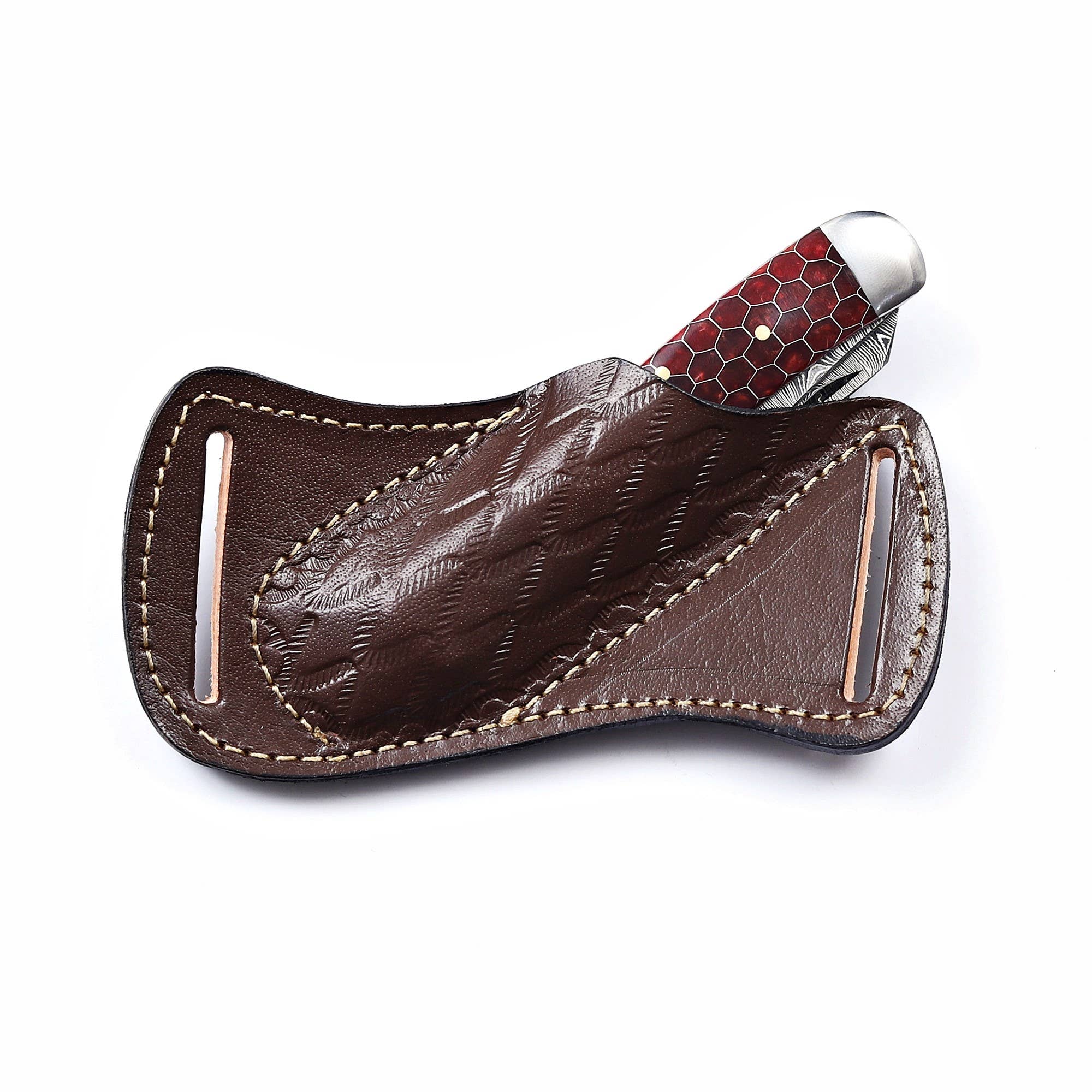 7.5” Handmade damascus pocket knife, brown handle folding knife