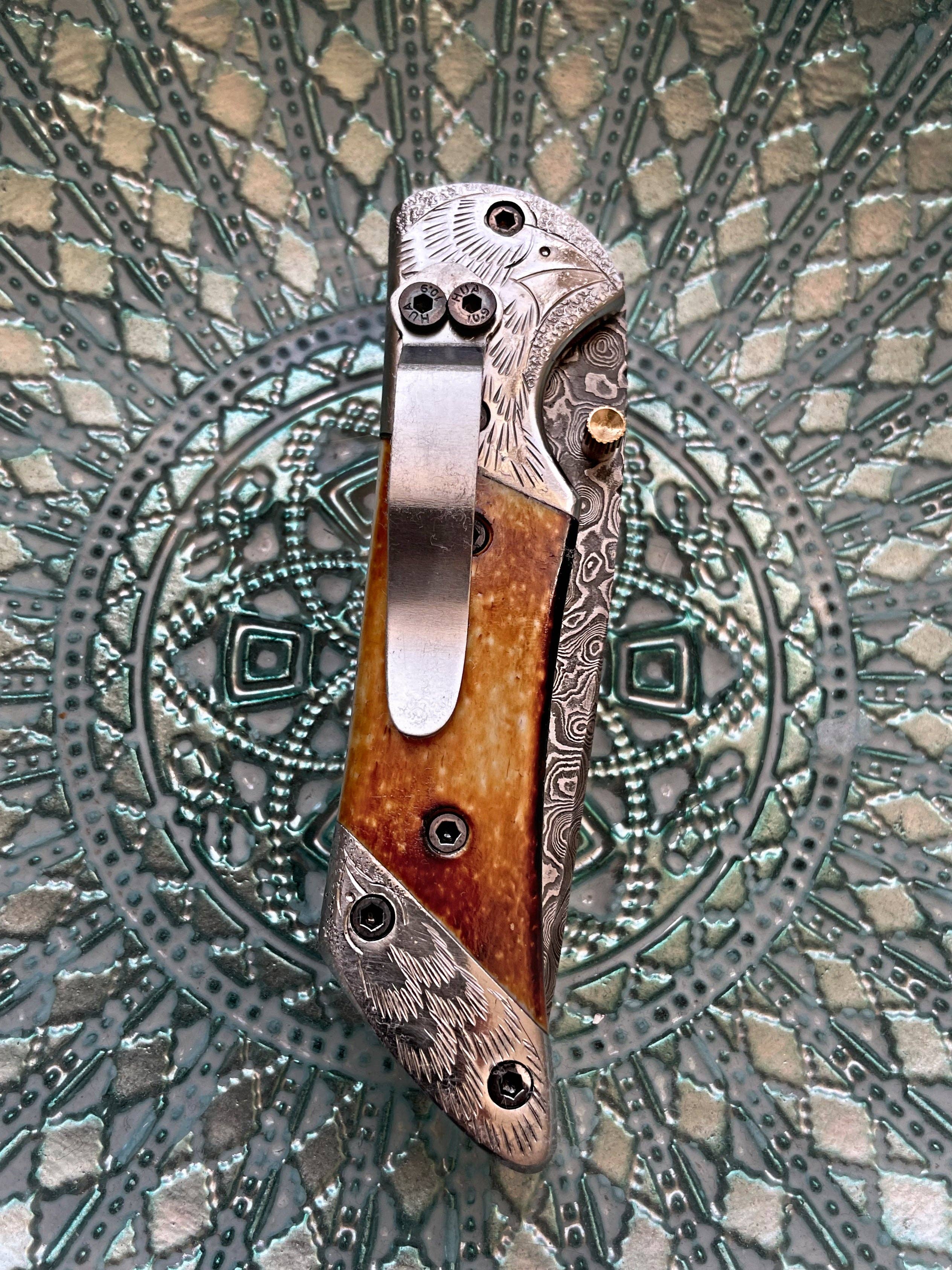 American Eagle Damascus Folding Knife Eagle Bolster Engraved Collector Knife