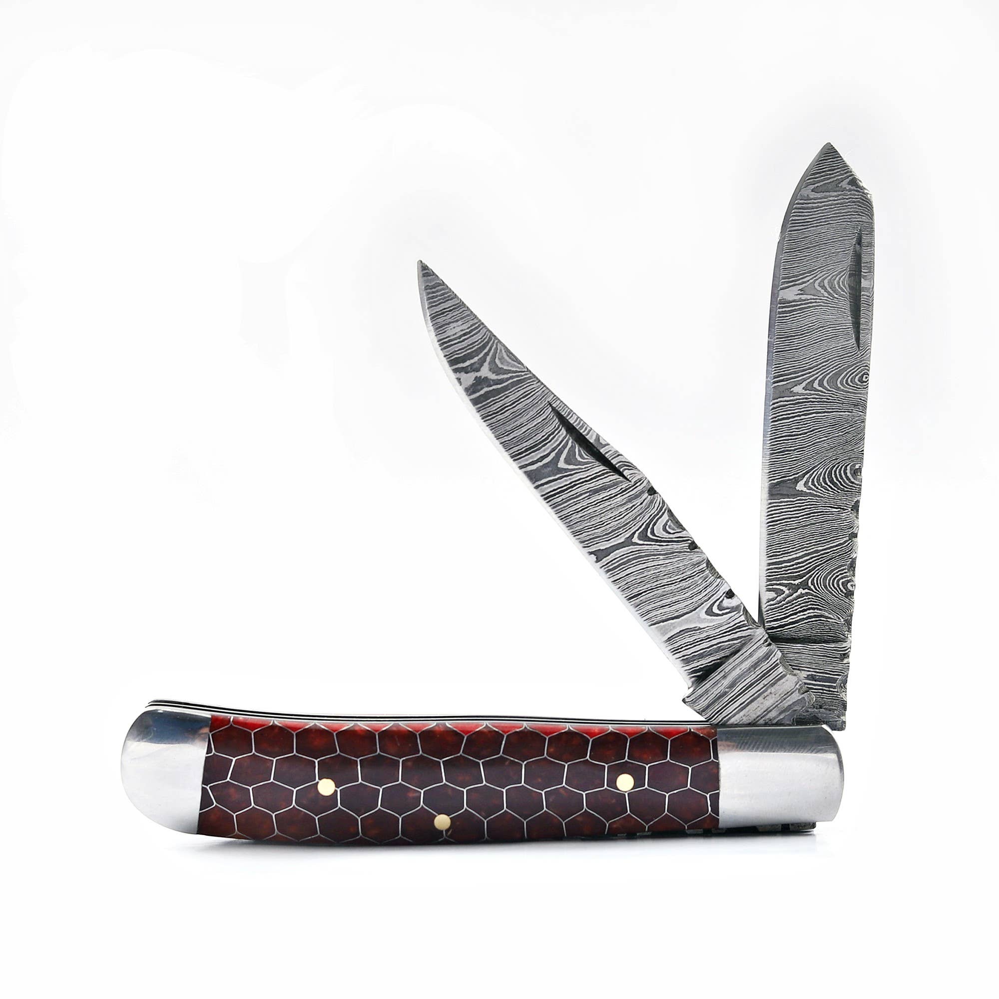 7.5” Handmade damascus pocket knife, brown handle folding knife