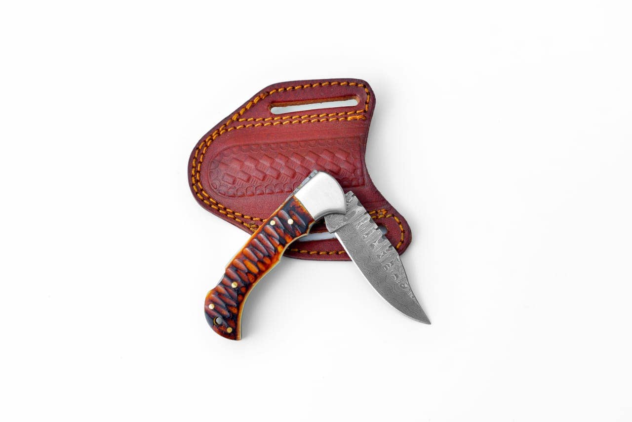 Stag Horn Cut Handle Damascus Folder