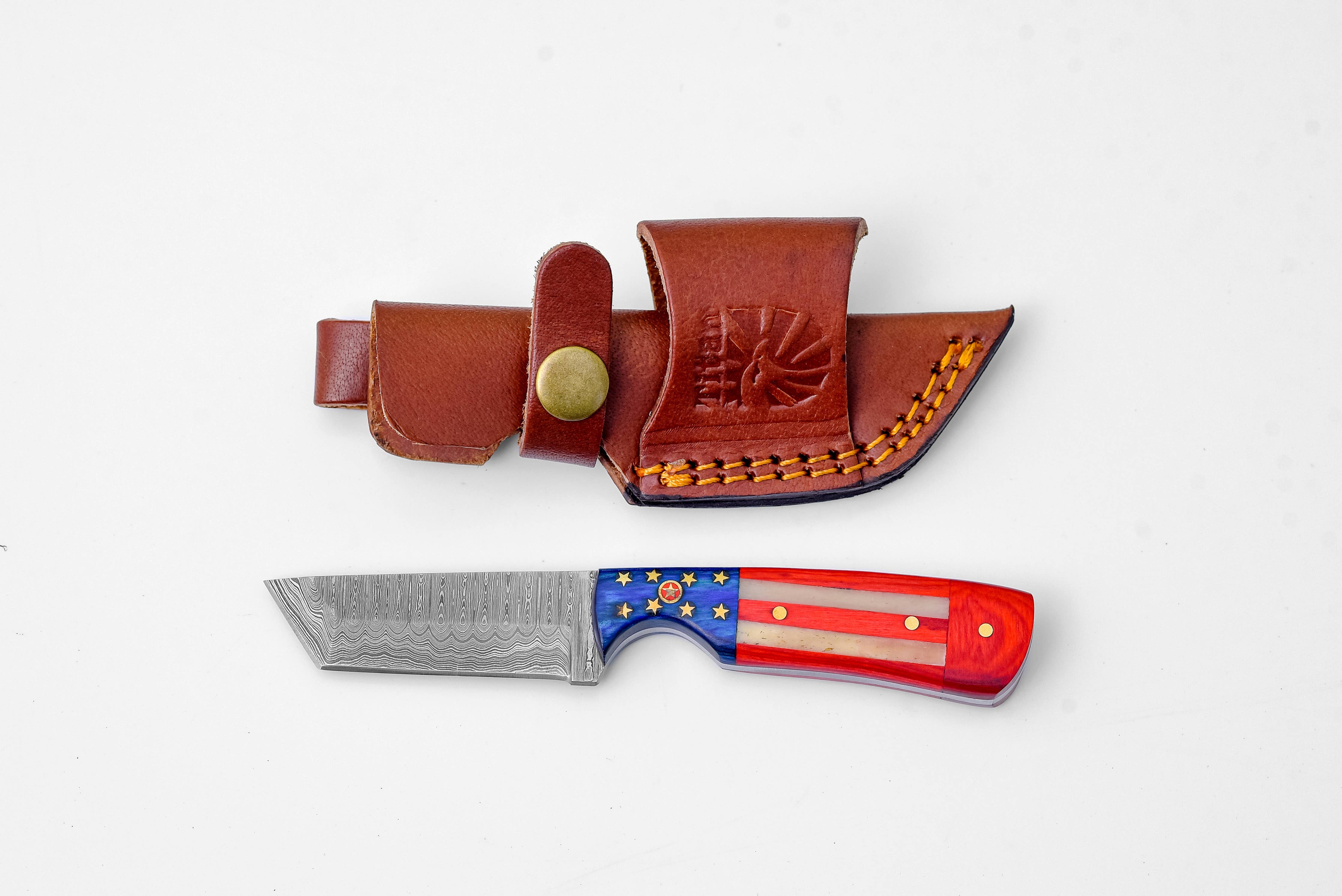 Damascus Bull blade with Cherry Wood USA Flag handle and leather sheath