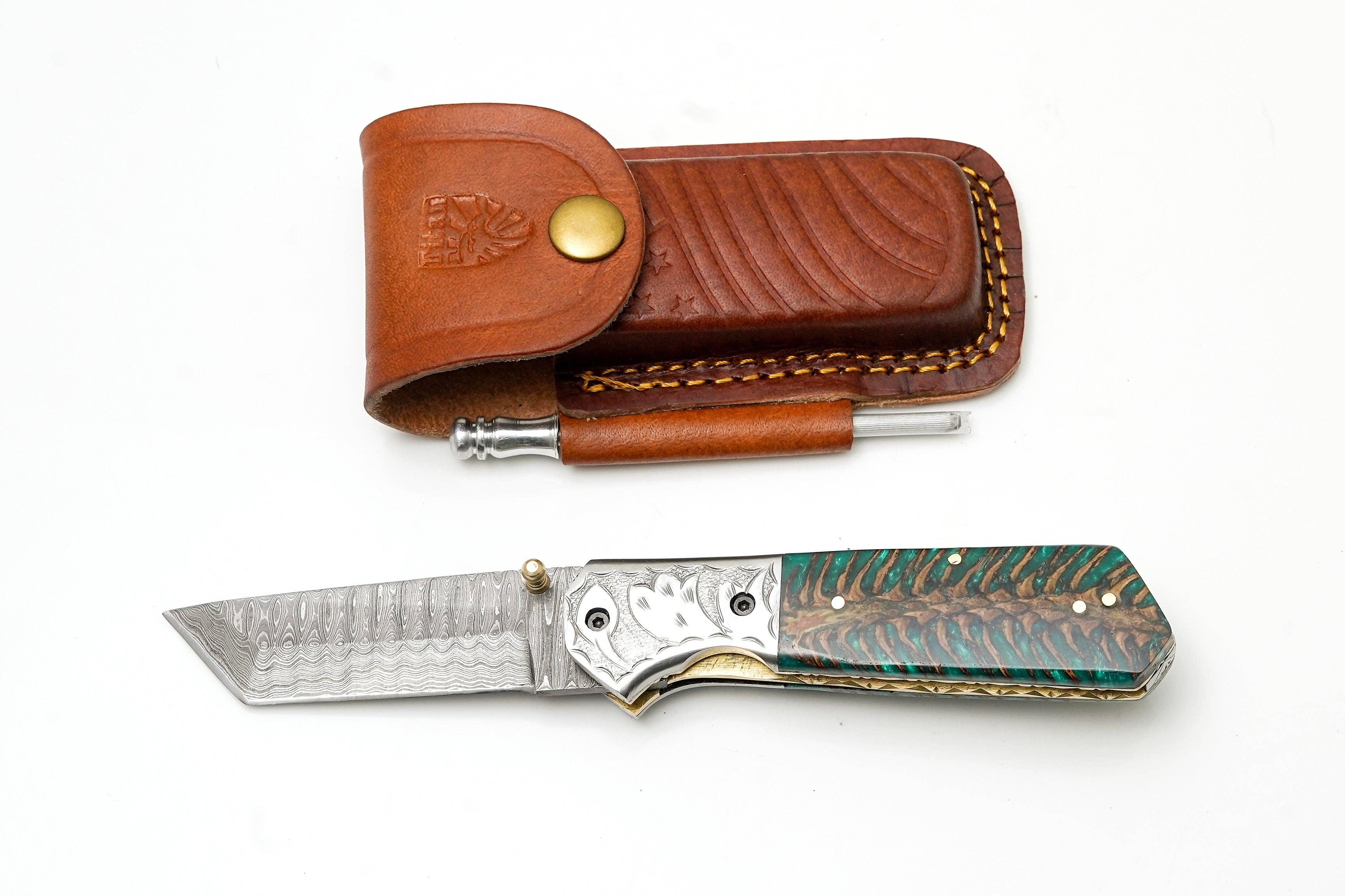 Damascus Tanto Folding Knife Engraved Bolster & Green Pine Cone Handle