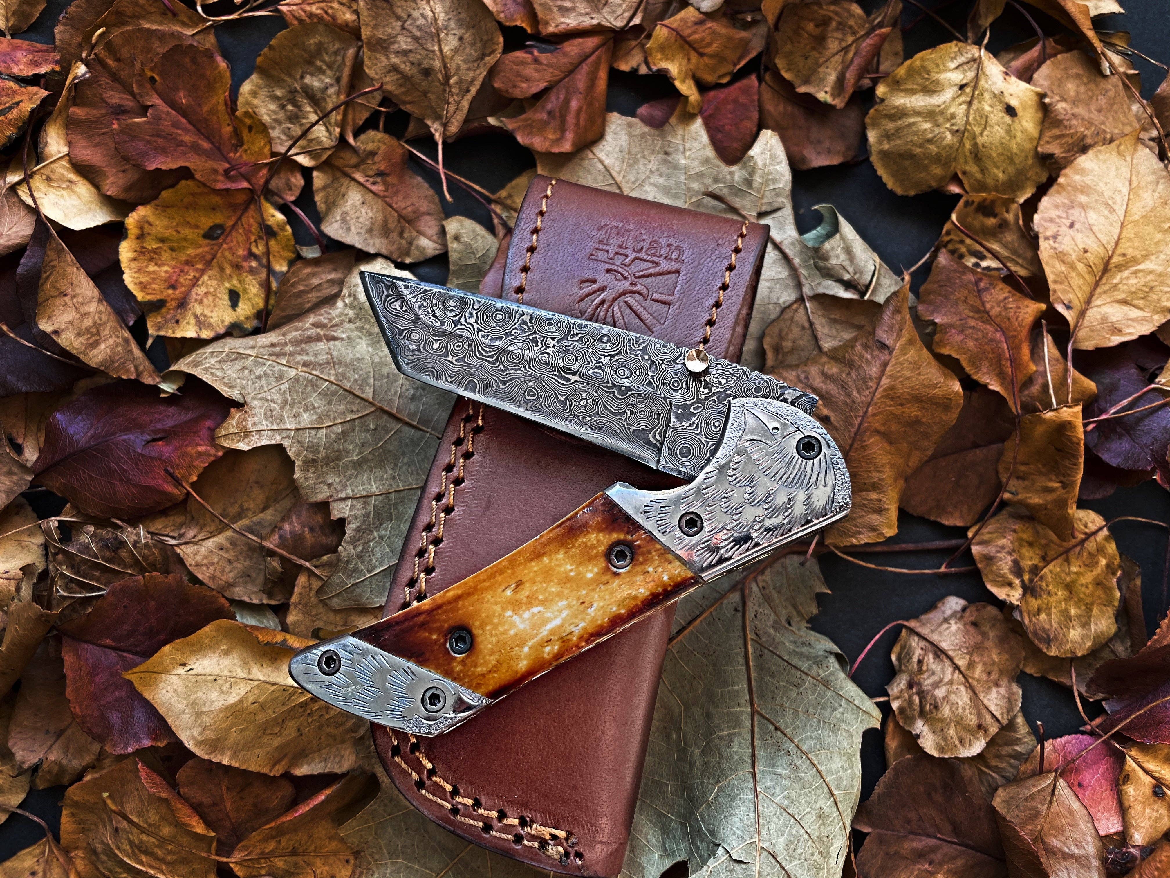 American Eagle Damascus Folding Knife Eagle Bolster Engraved Collector Knife