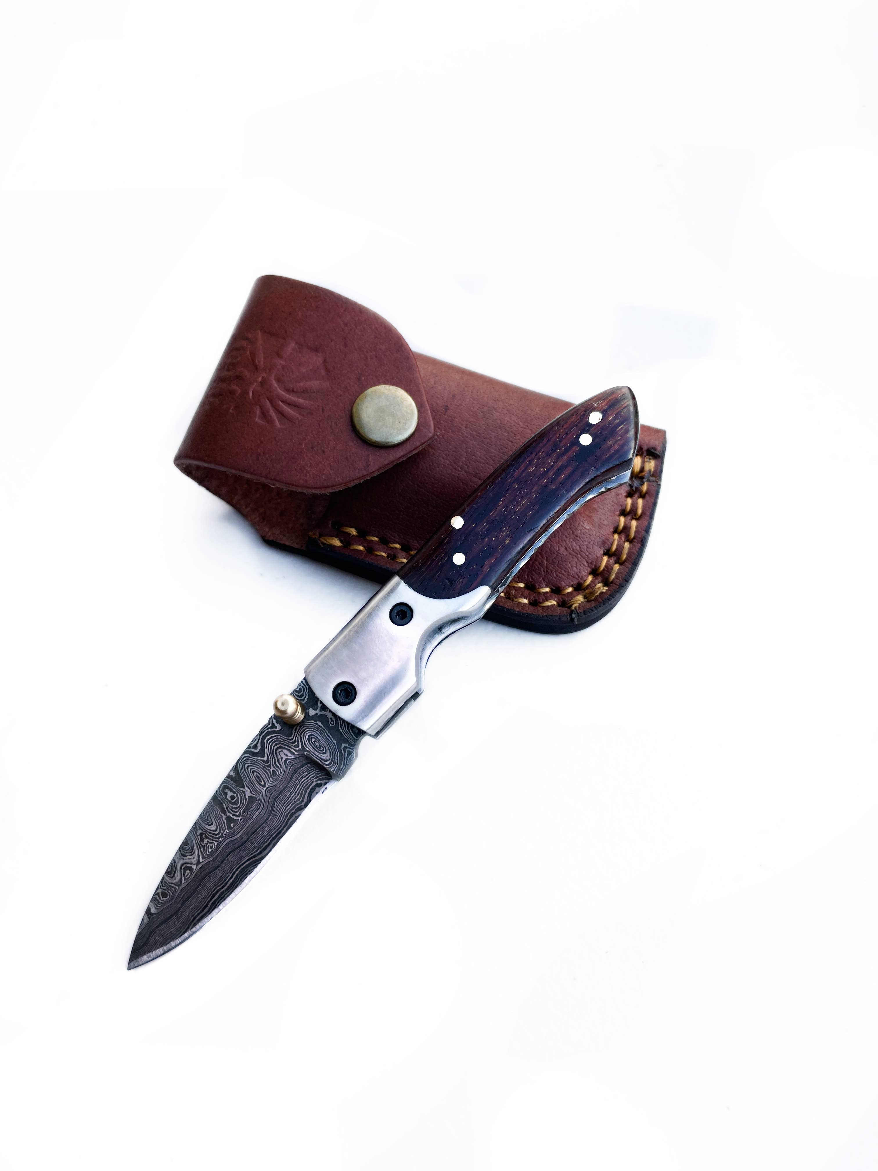 Black Burl Walnut Folding Damascus Pocket Knife with Leather Sheath
