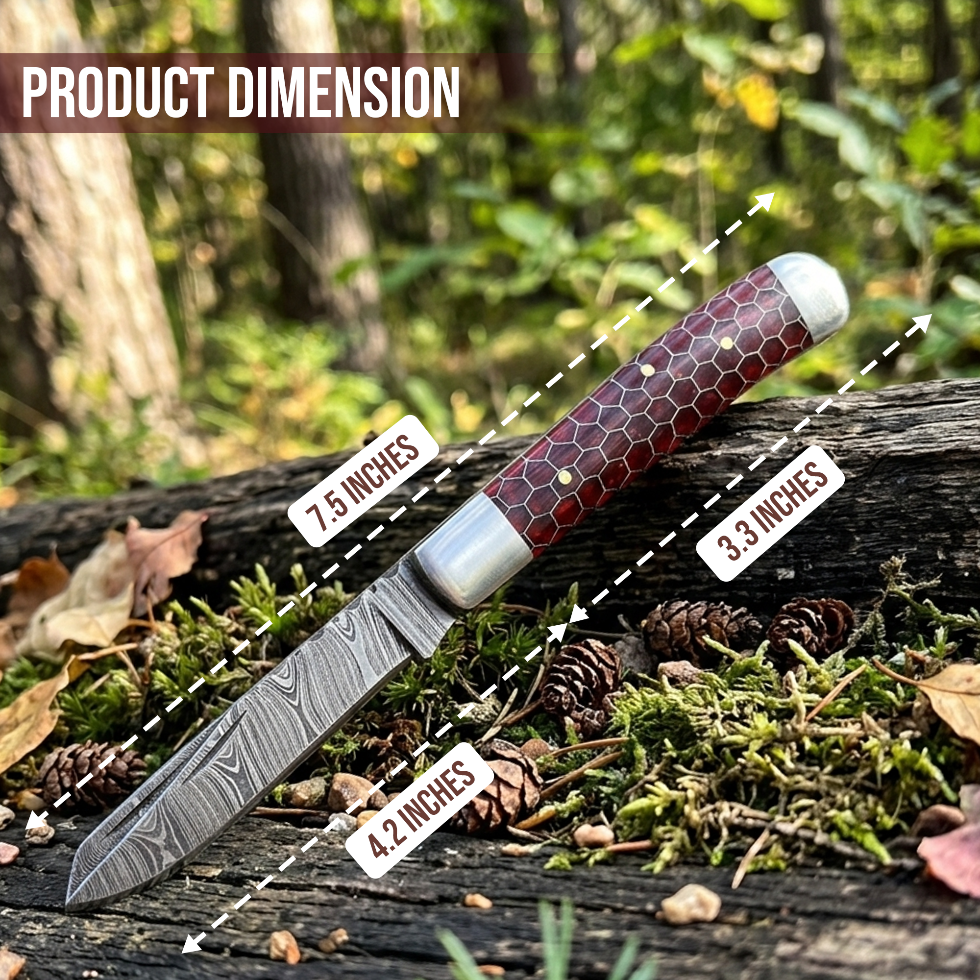 7.5” Handmade damascus pocket knife, brown handle folding knife