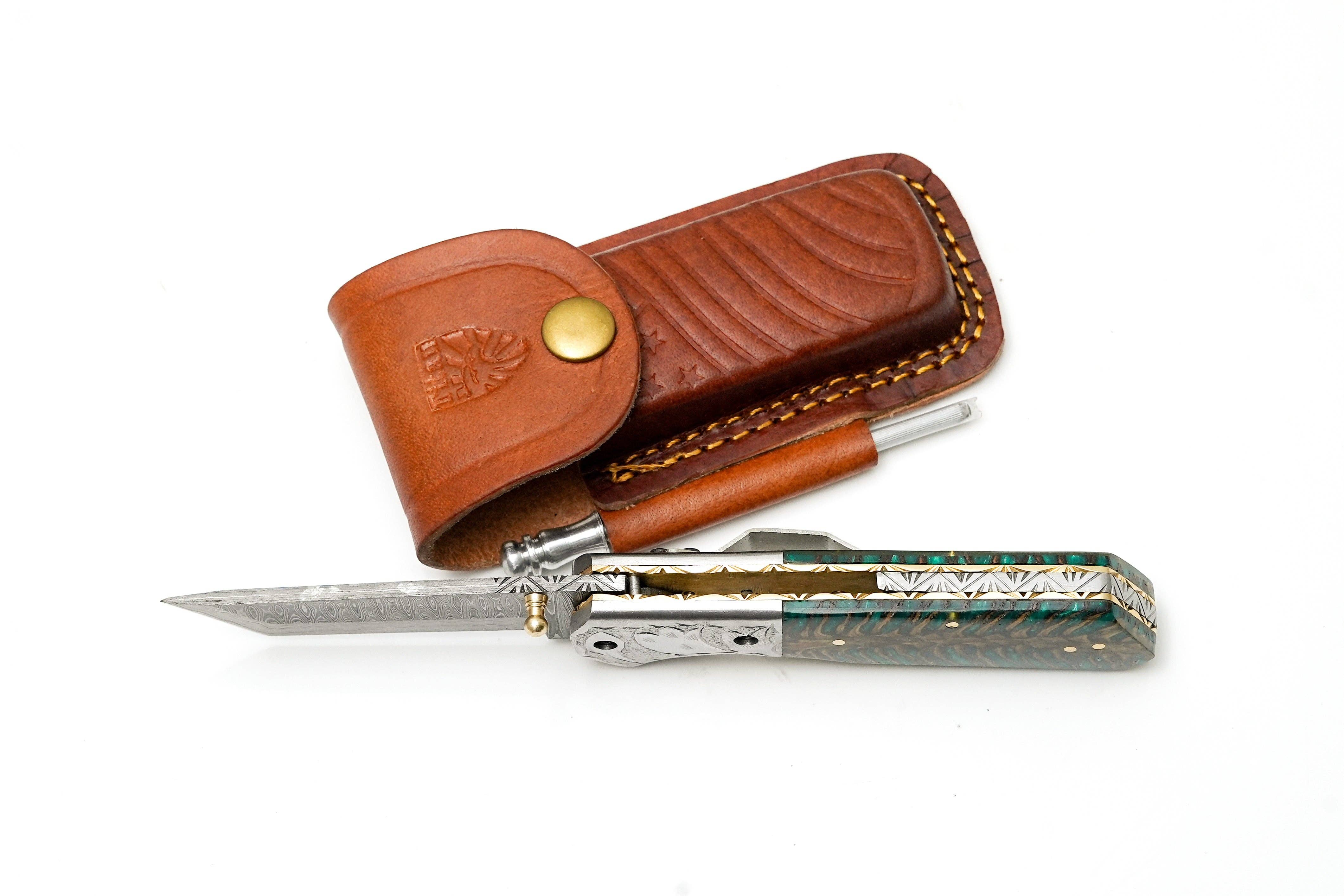 Damascus Tanto Folding Knife Engraved Bolster & Green Pine Cone Handle