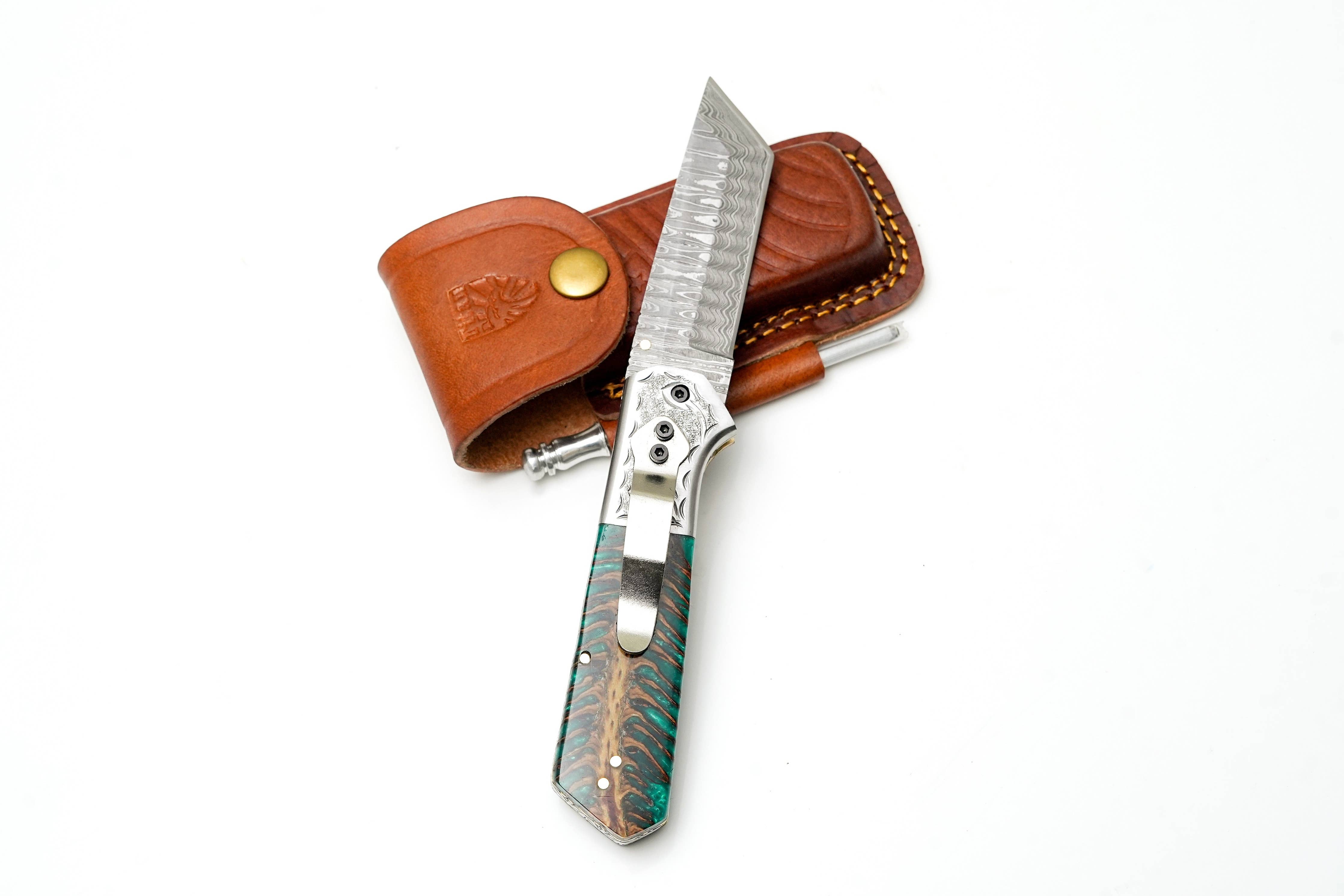 Damascus Tanto Folding Knife Engraved Bolster & Green Pine Cone Handle