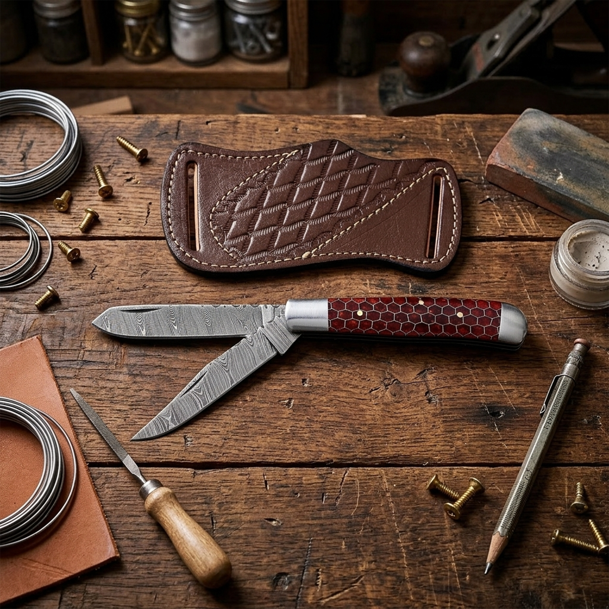 7.5” Handmade damascus pocket knife, brown handle folding knife