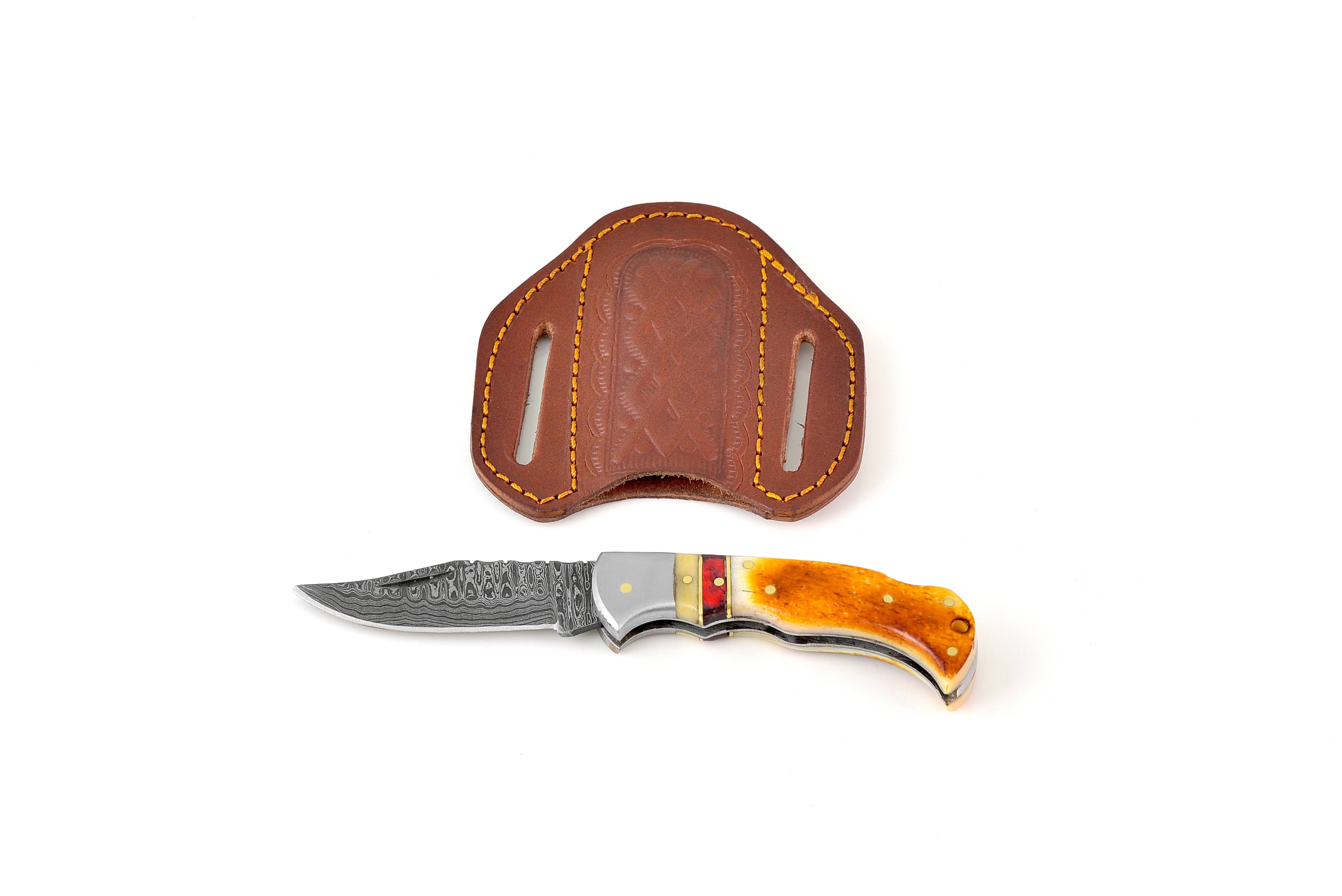 Fire Treated Bone Handle Damascus folding knife with Leather Sheath