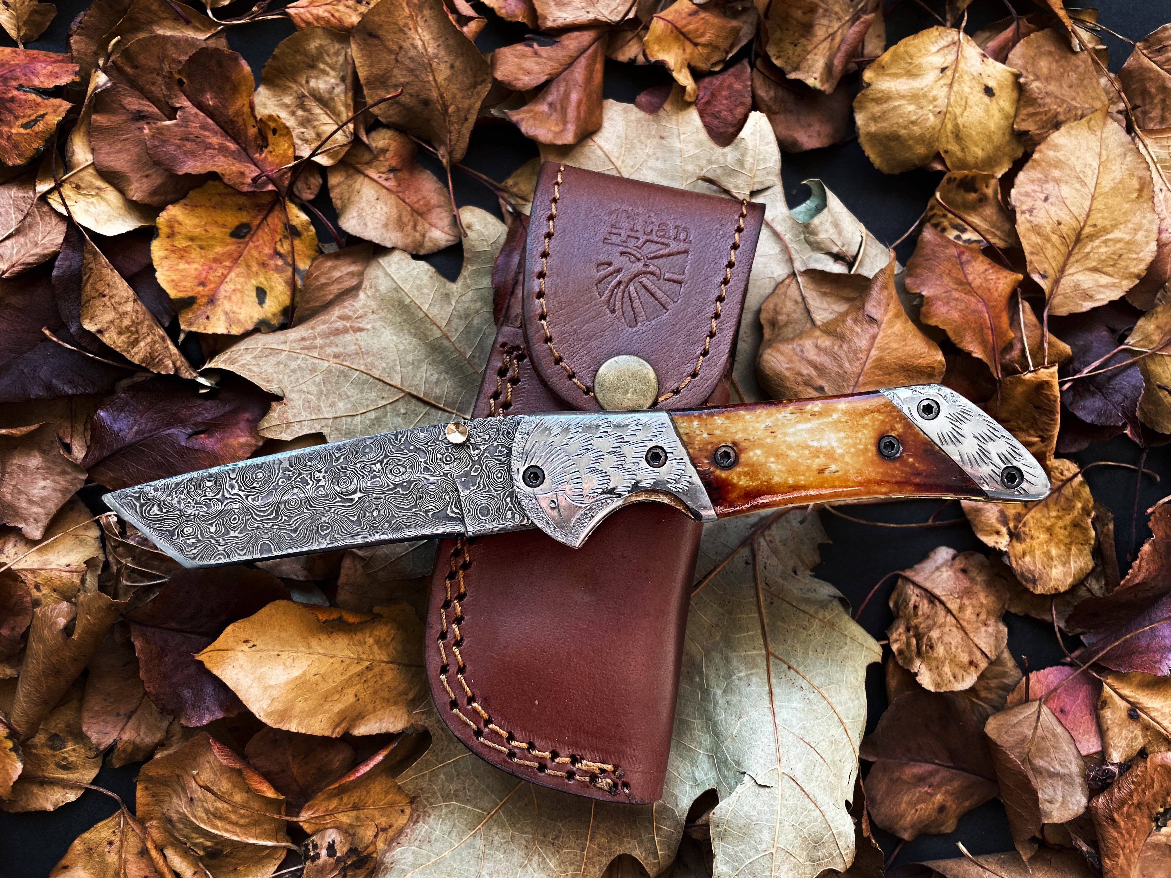 American Eagle Damascus Folding Knife Eagle Bolster Engraved Collector Knife