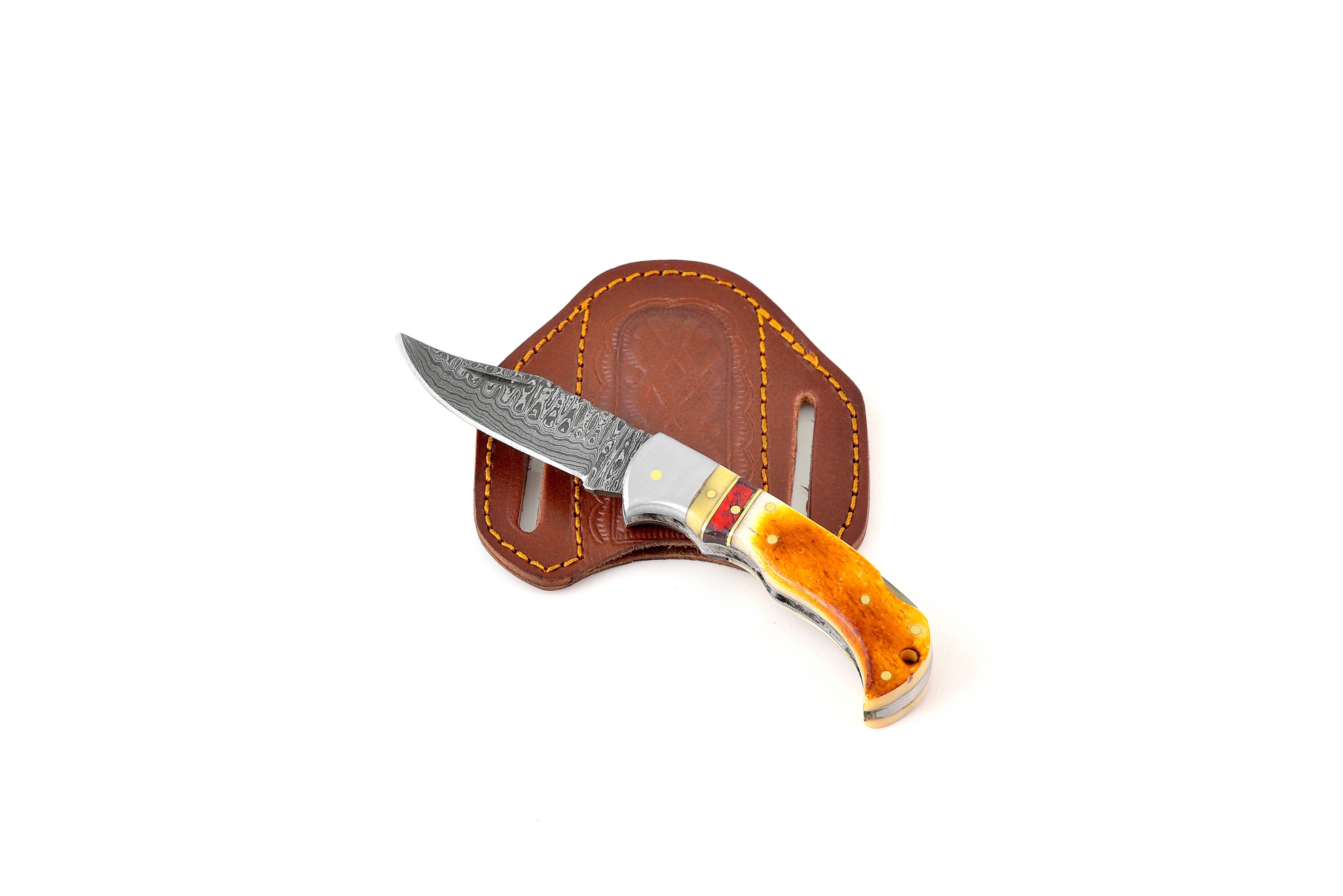 Fire Treated Bone Handle Damascus folding knife with Leather Sheath