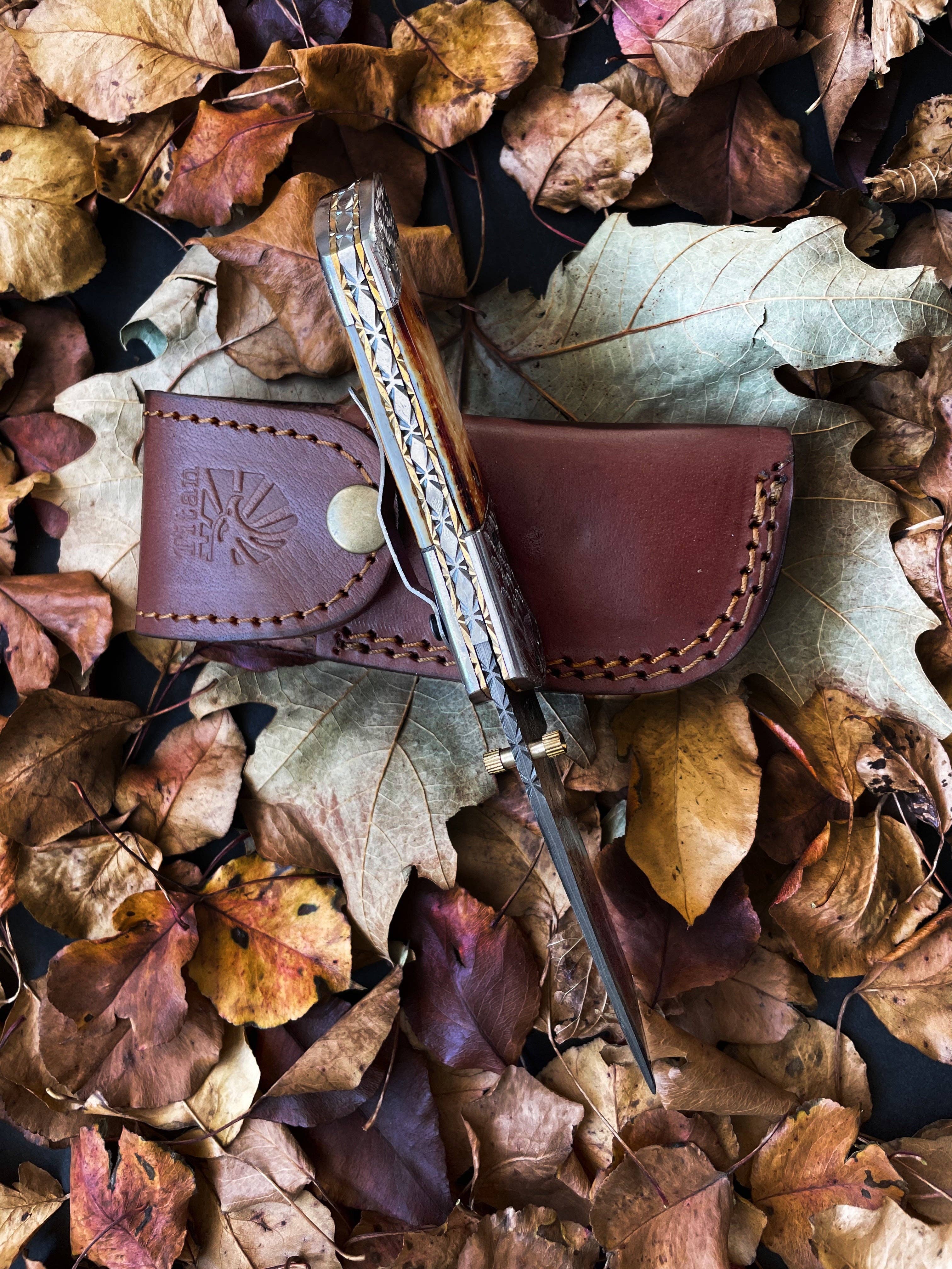 American Eagle Damascus Folding Knife Eagle Bolster Engraved Collector Knife