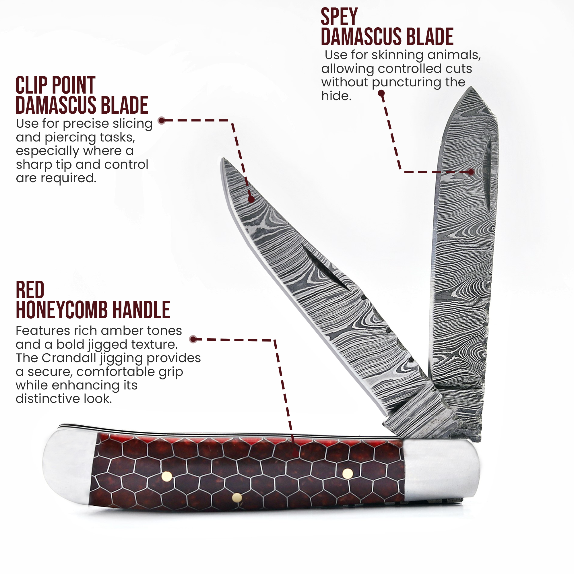 7.5” Handmade damascus pocket knife, brown handle folding knife