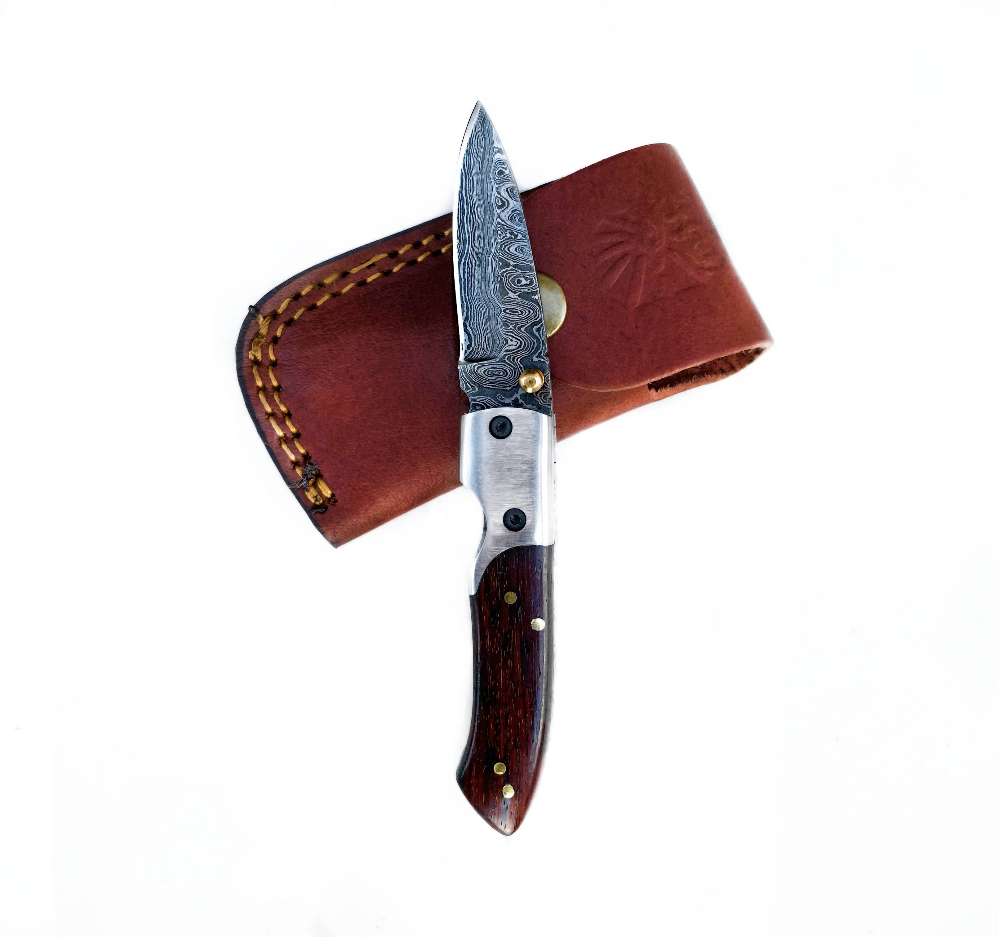 Black Burl Walnut Folding Damascus Pocket Knife with Leather Sheath