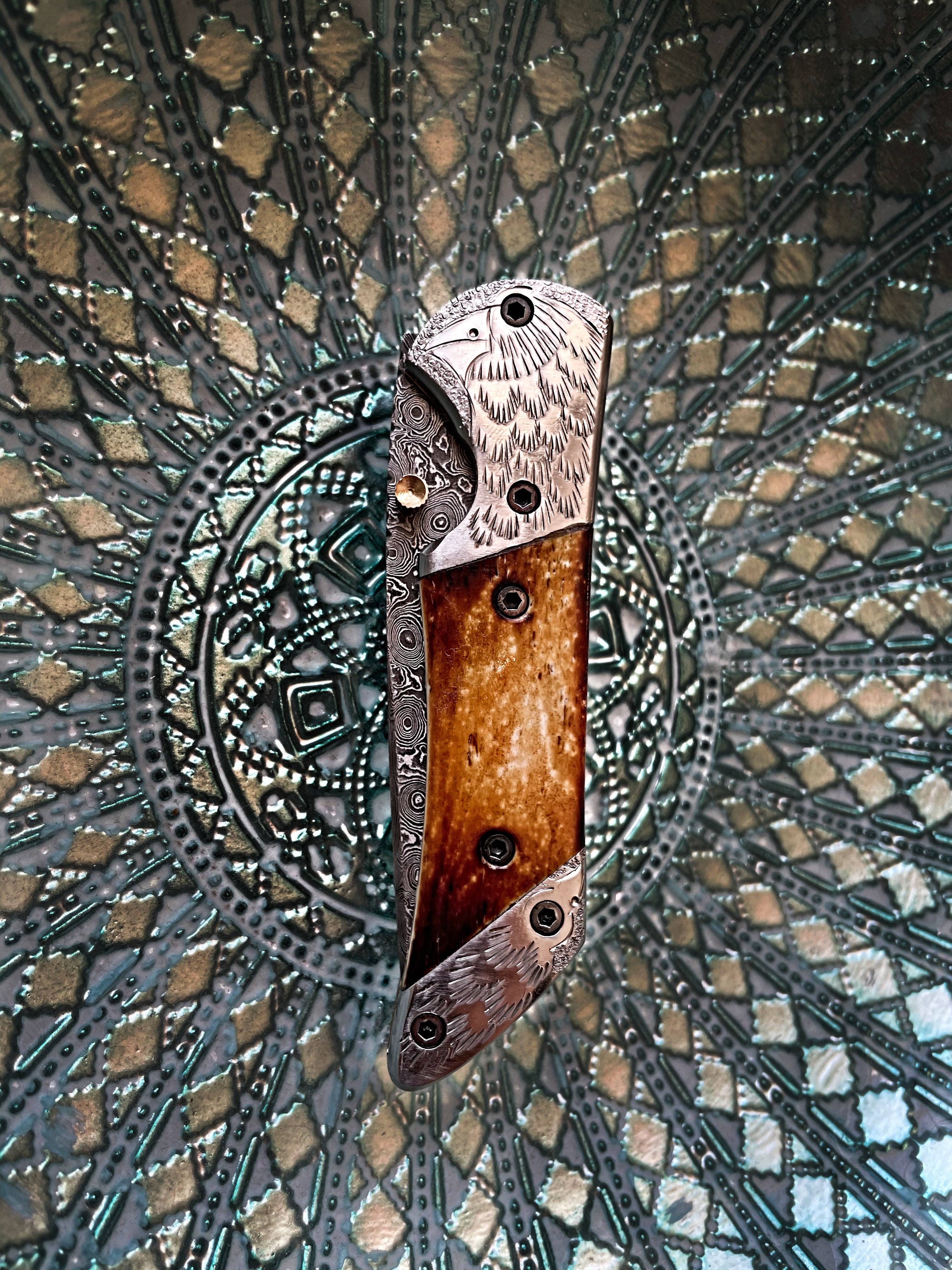 American Eagle Damascus Folding Knife Eagle Bolster Engraved Collector Knife